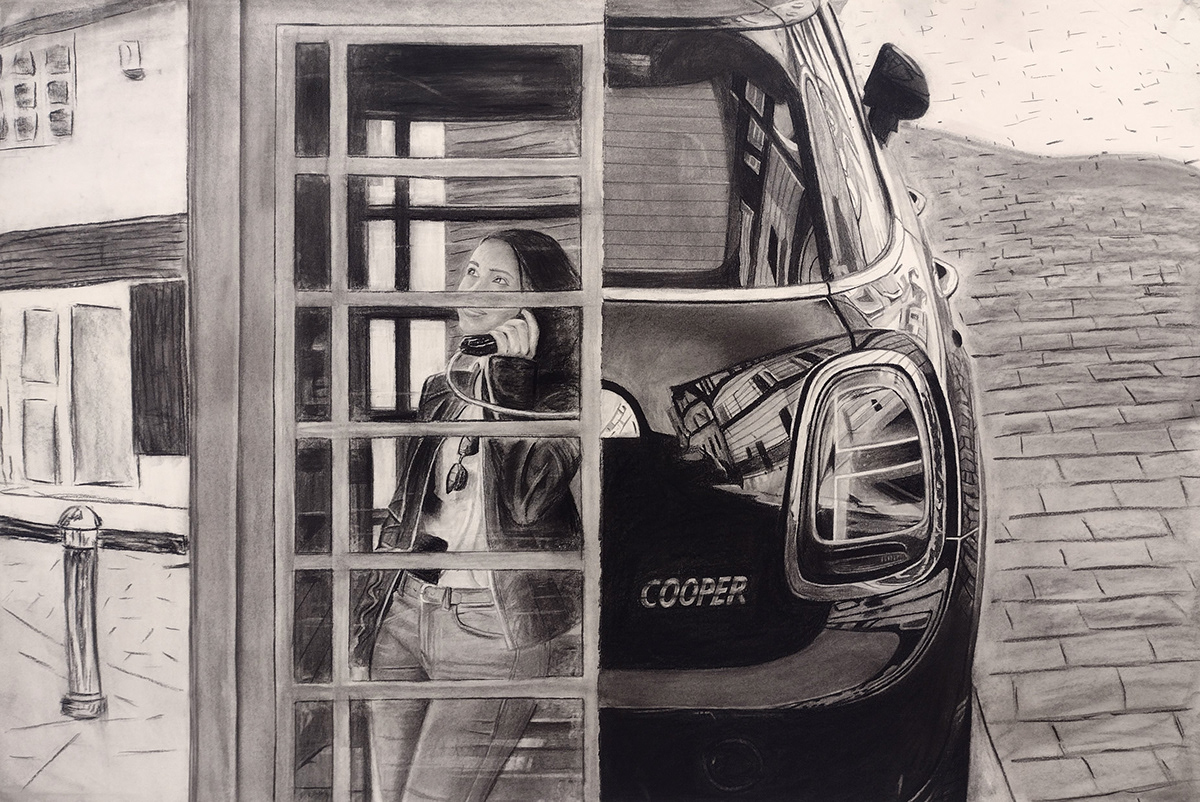 diptych charcoal Charcoal Drawing Drawing  hyperrealism minicooper monochrome black and white car 2D