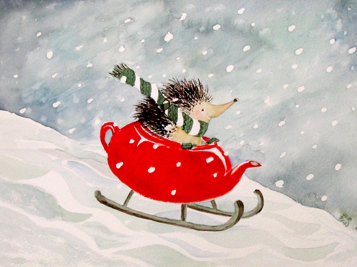 Christmas funny animal Garlic greeting cards kettle hedgehog pretzel snow roofs winter holidays