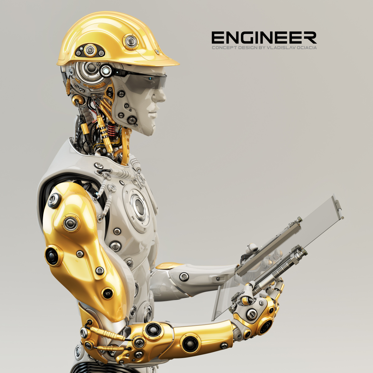 robot engineer robotic Helmet table futuristic artificial new generation man handsome strong profession
