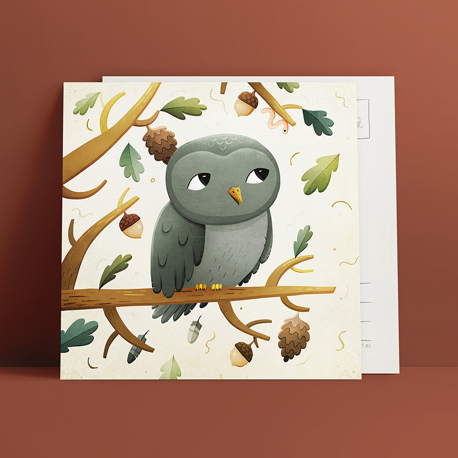 owl postcard autumn productdesign ILLUSTRATION  animal Education Nature green kids