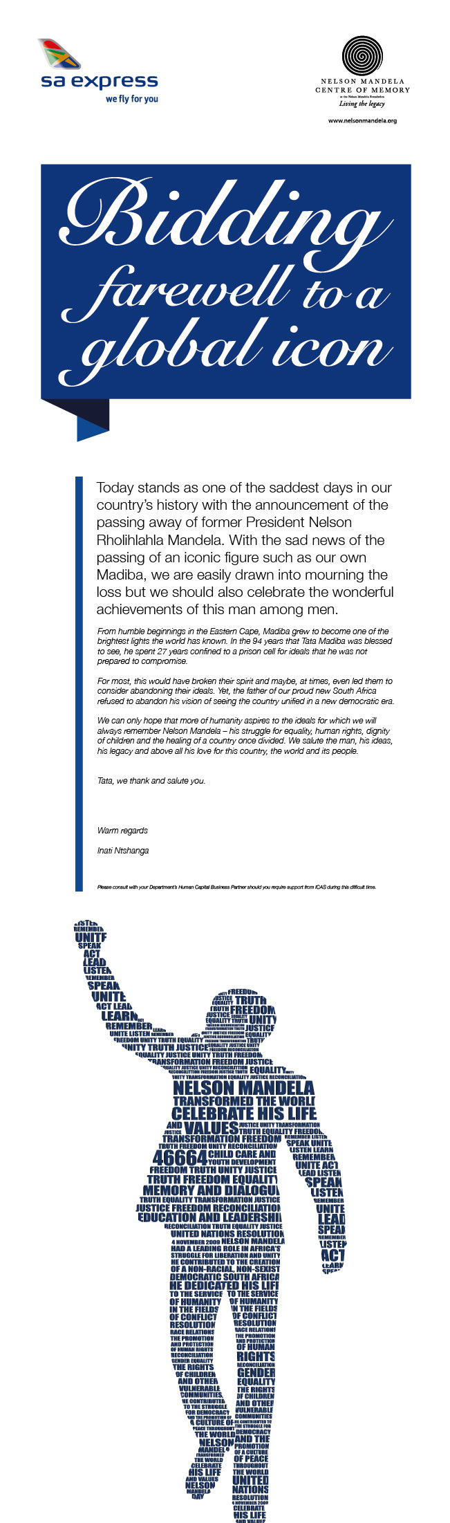 Mandela tribute south africa blue Email advert copy