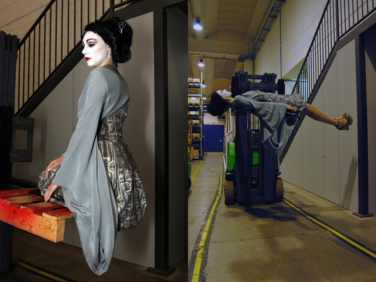 geisha H.R. Giger robot Nogaku gynoid biomechanical koi oni warehouse fashion show fashion video shooting