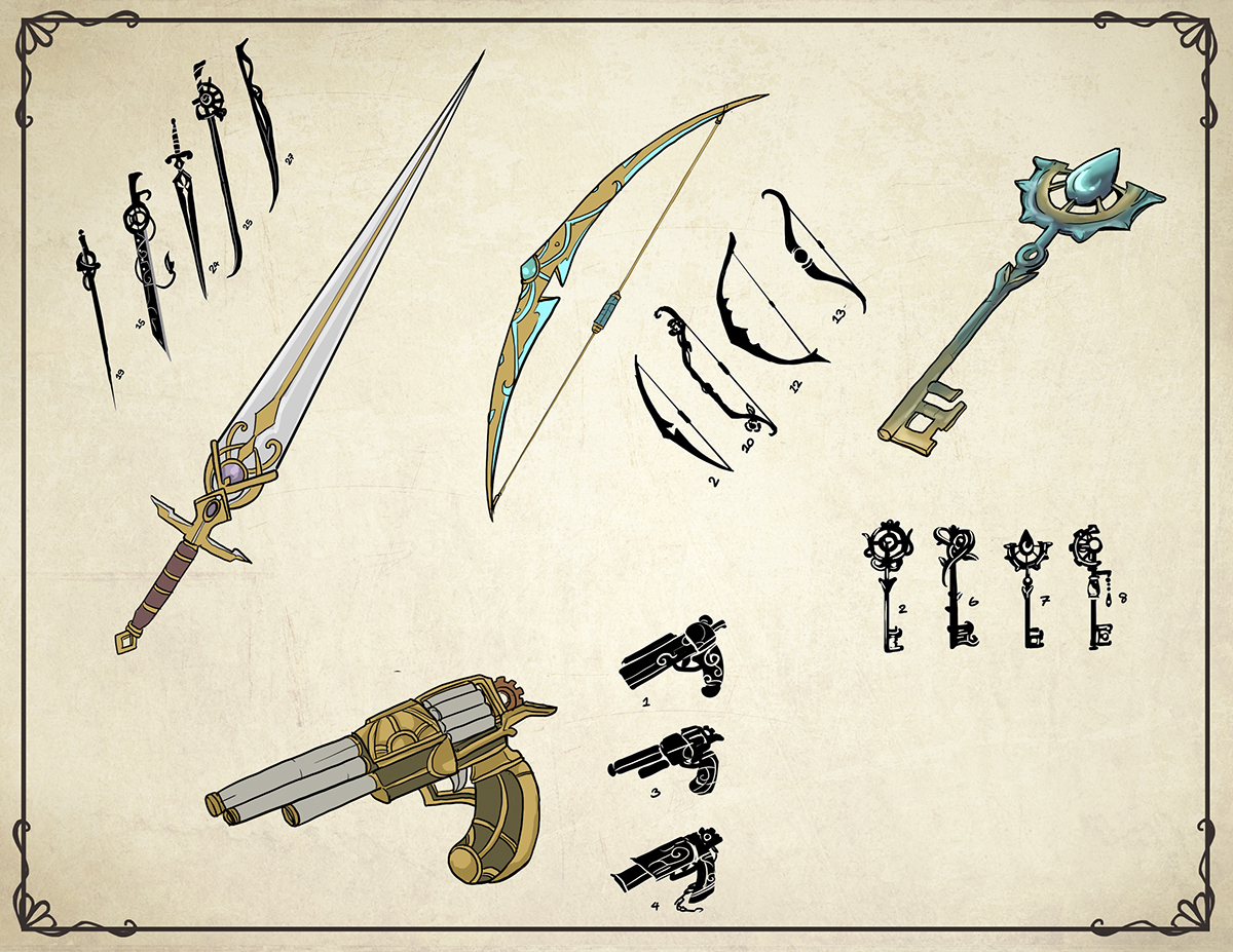 concept art rpg fantasy props weapons ship