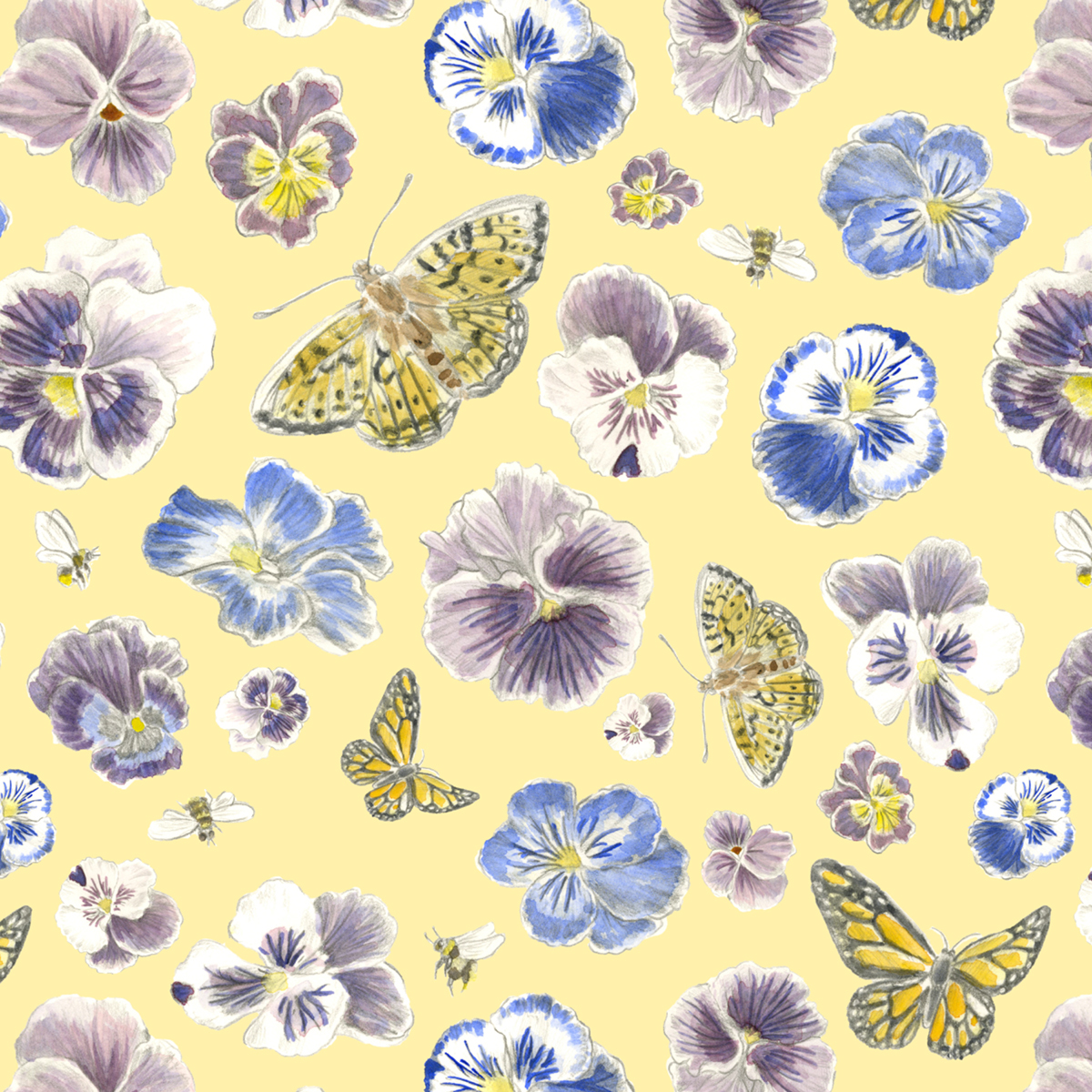 floral butterfly ILLUSTRATION  watercolor graphite vintage pansy fabric design pattern surface design