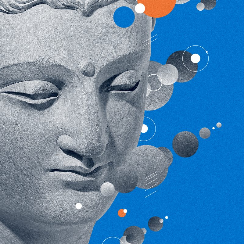 Buddha Kharma dharma abstract surrealism surreal spiritual blue orange collage statue Album artwork cover