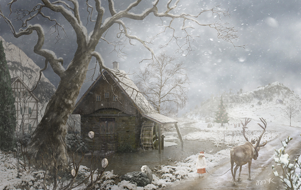 Christmas deer Holy Night girl mill watermill Landscape snow ice photomanipulation Tree  SKY wacom behence
