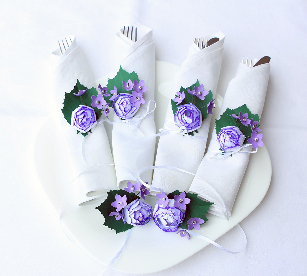 paper flowers purple pearls satin table meal napkin ring