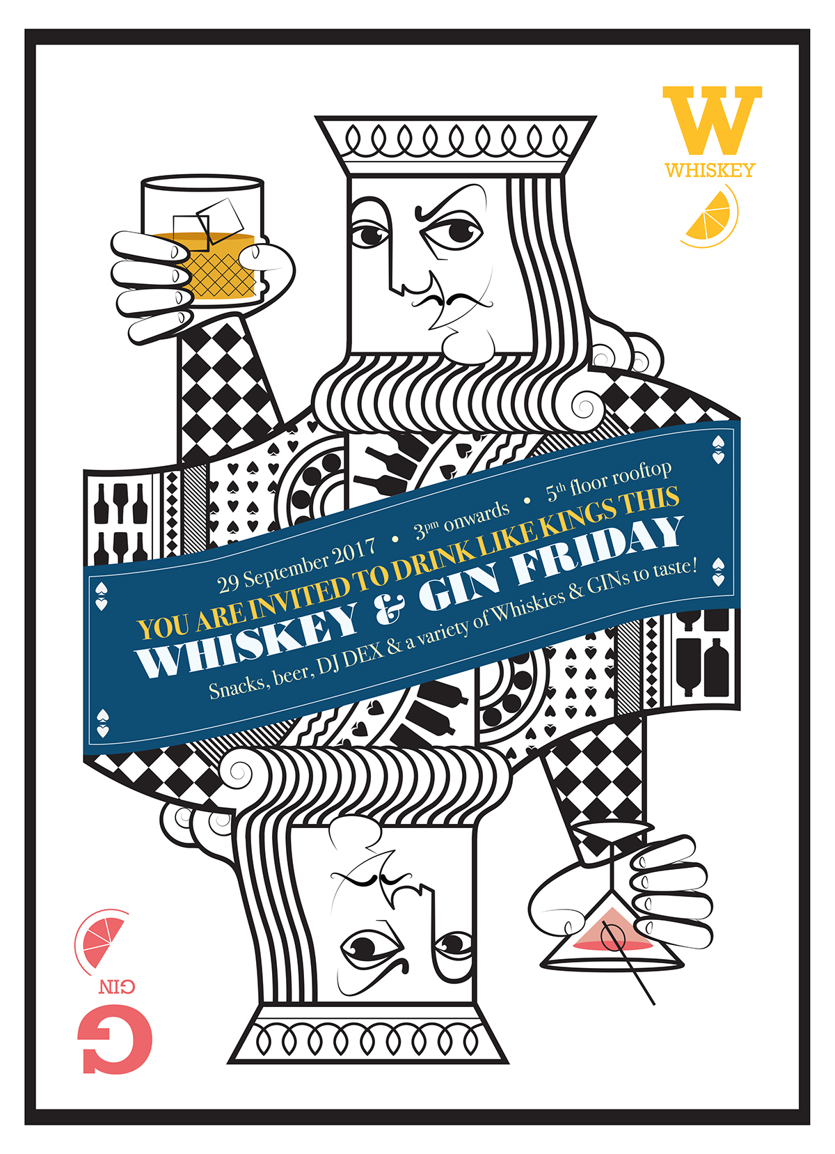 cards king beer Whisky gin lemon olive cardsillustration black and white deck of cards