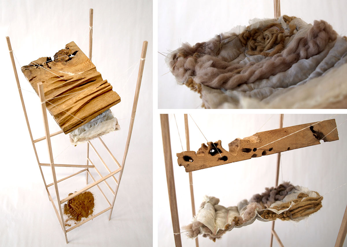 sculpture fibers wood woodworking sewing Intimate installation material hand dyed home
