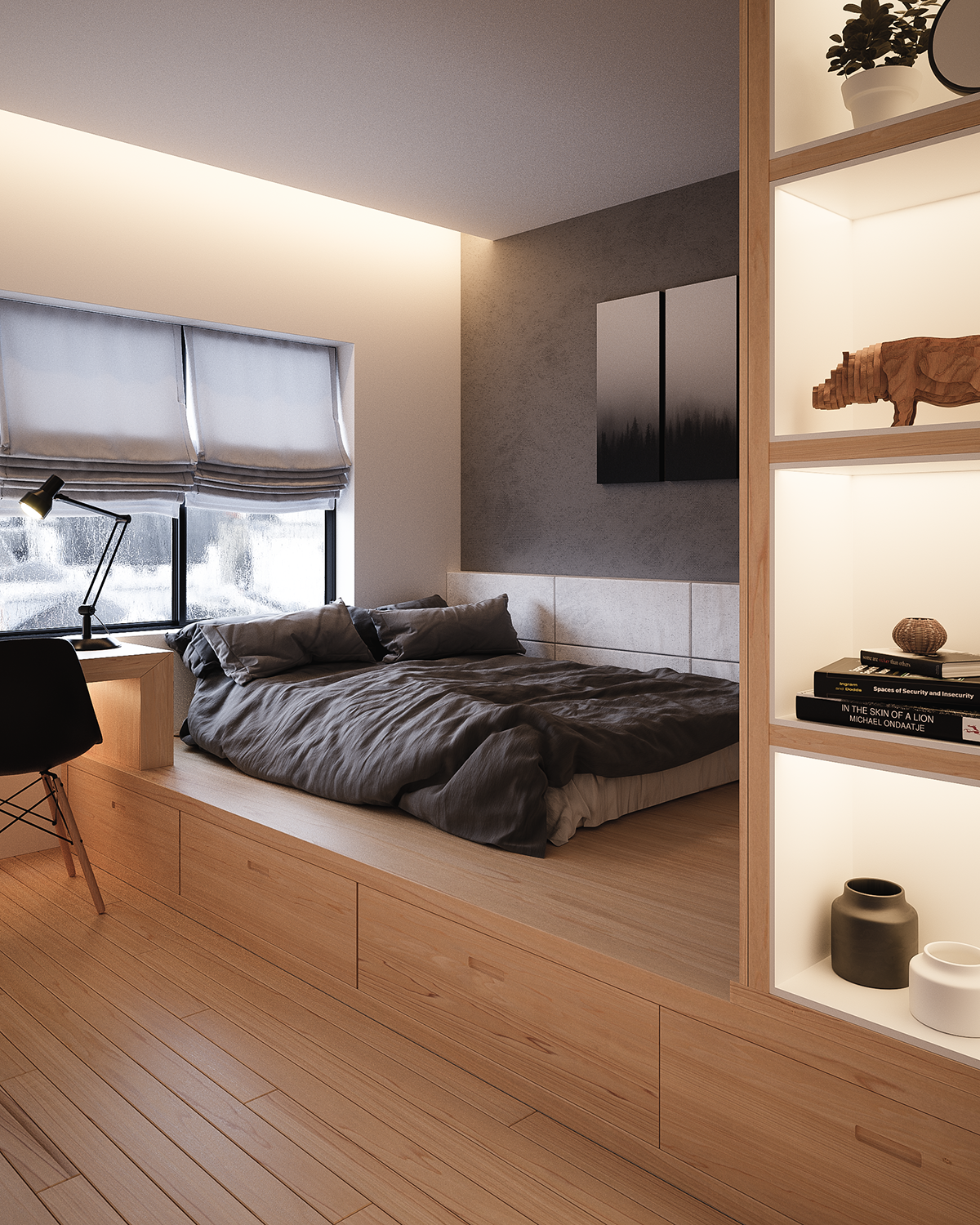 archviz 3D city minimalist house mood interior design  wood modern bed