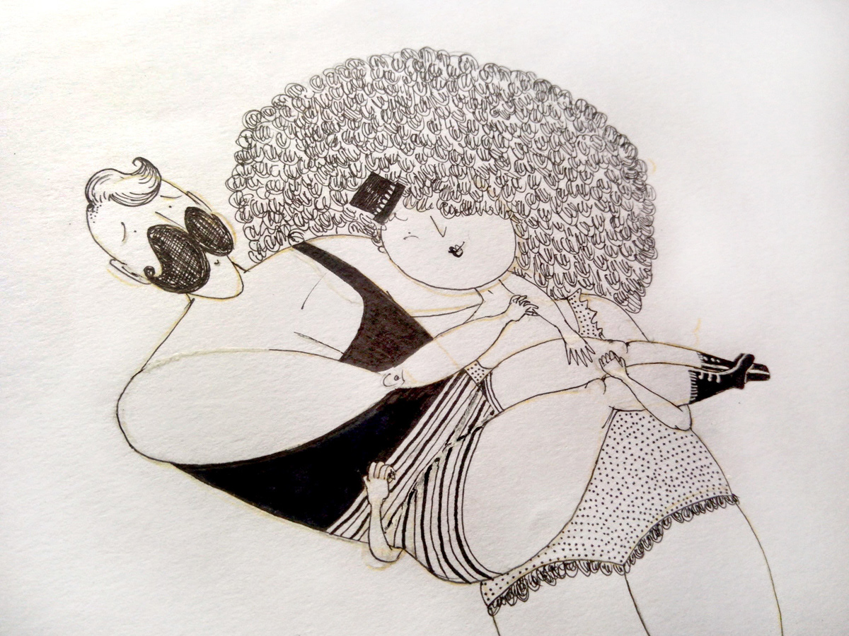 kids circo dibujo mano alzada tinta lapiz boceto pareja amor cirque ilustracion Linea negro blanco