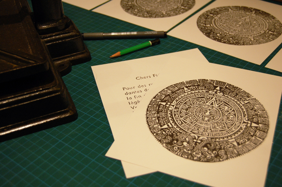 print linocut printmaking letterpress characters Maya mayan calendar apocalypse end of the world card new year 2013
