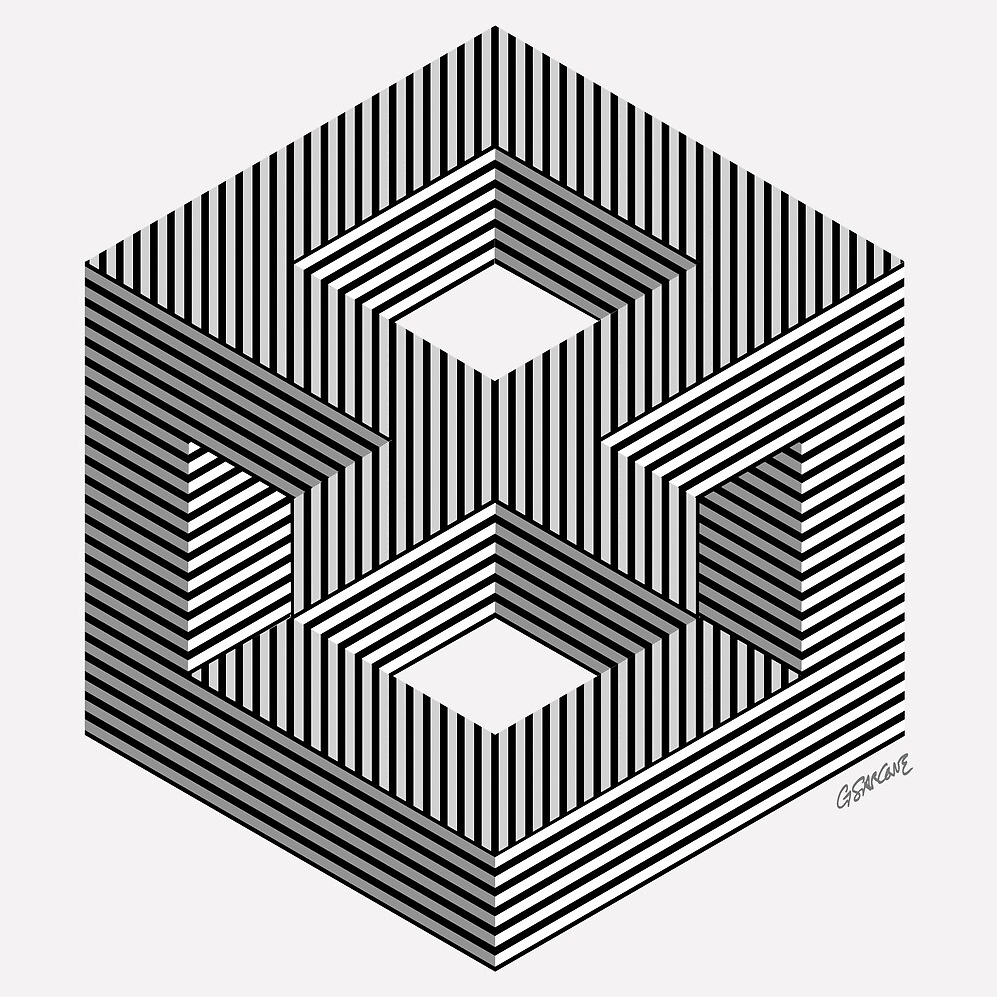 Isometric op art Paradoxical optical art black and white 3D Structures optical illusion stereographic