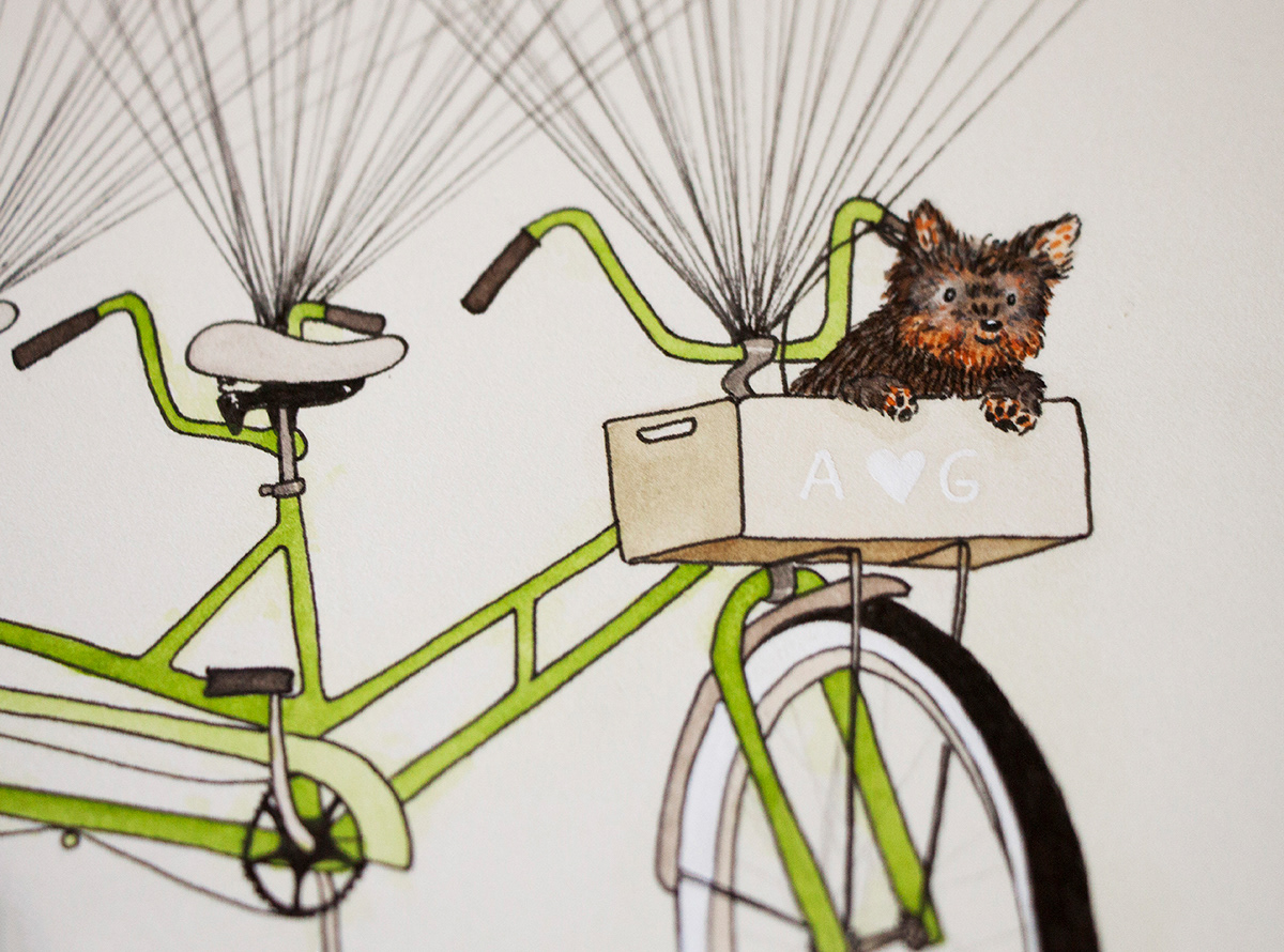 wedding guestbook poster Bike Bicycle tandem bicycle for two Yorkie terrier dog basket cute balloons
