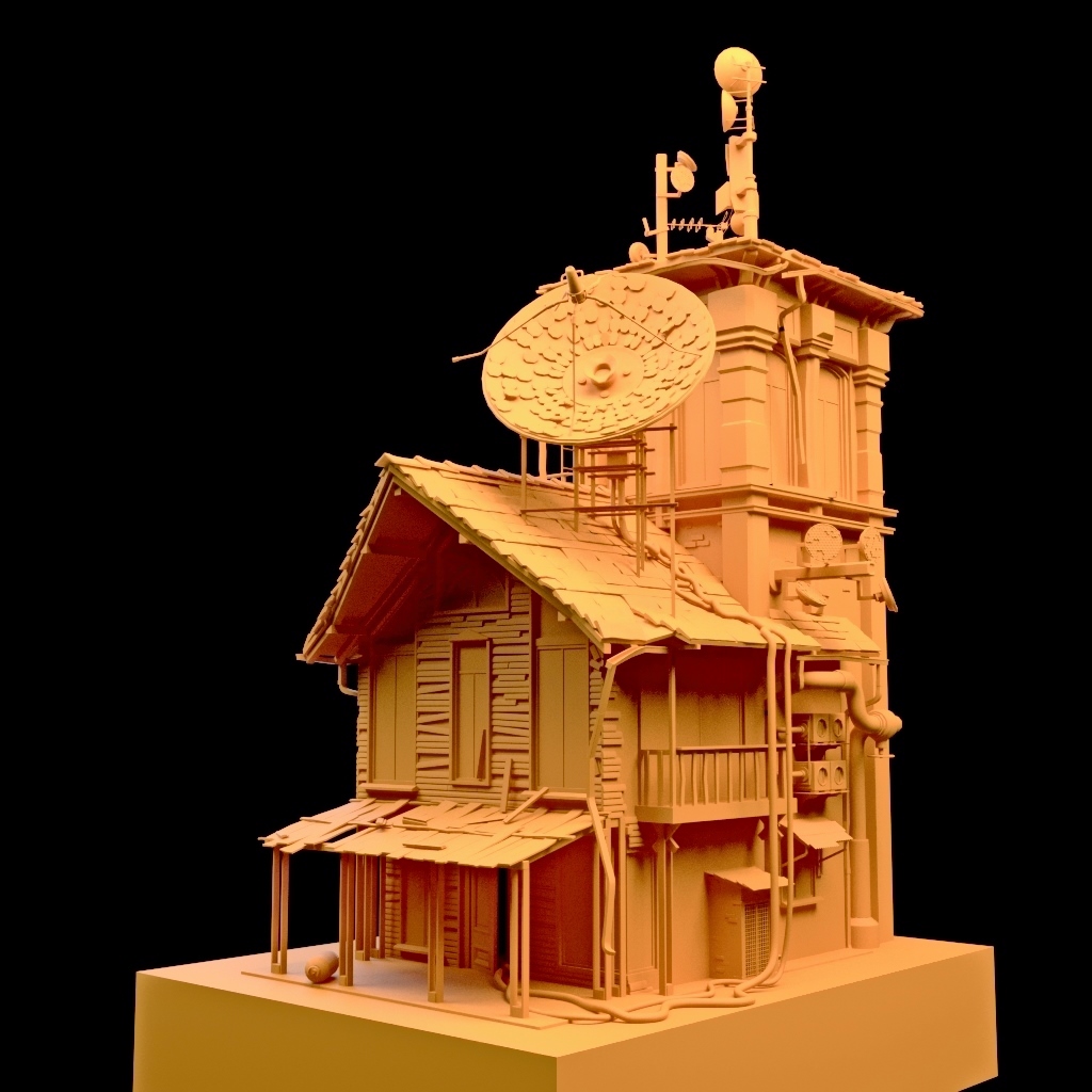old science house 3D clay Render vray lighting model Project