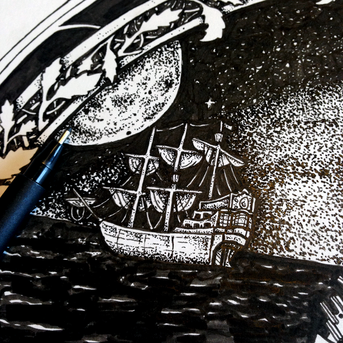 ink pen inkpen artist mermaid sailing nautical stars moon compass ornamental flourish Nature fantasy whimsical