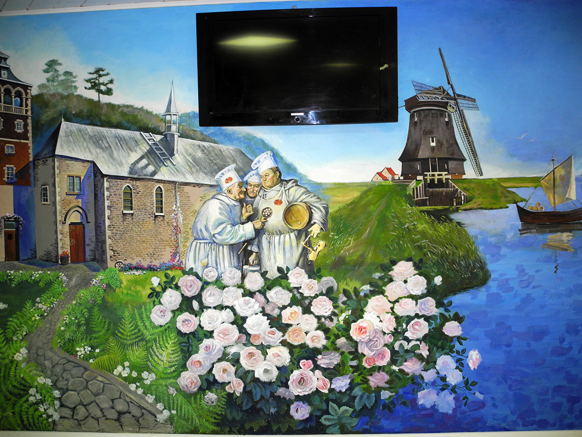 Leffe restaurant dinant abbey Mural Painting garden Castle medieval streets boat river windmill cook friar woman man