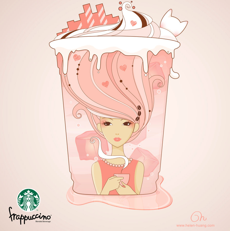 Coffee happy happiness cup starbucks Cat pink girl long hair drink ice ice cube