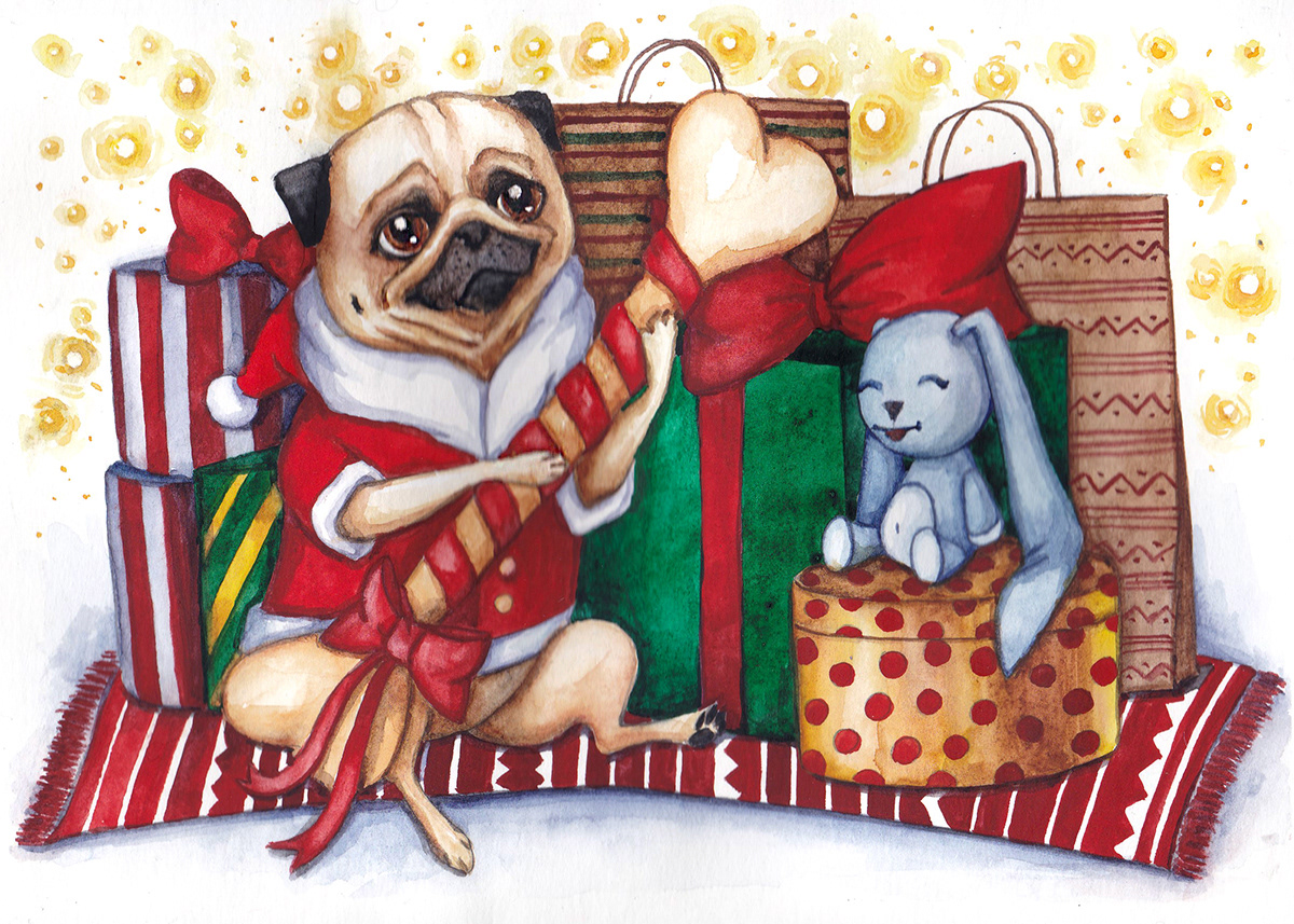 cartoon watercolor greeting card Invitation print Christmas new year card Pug dog
