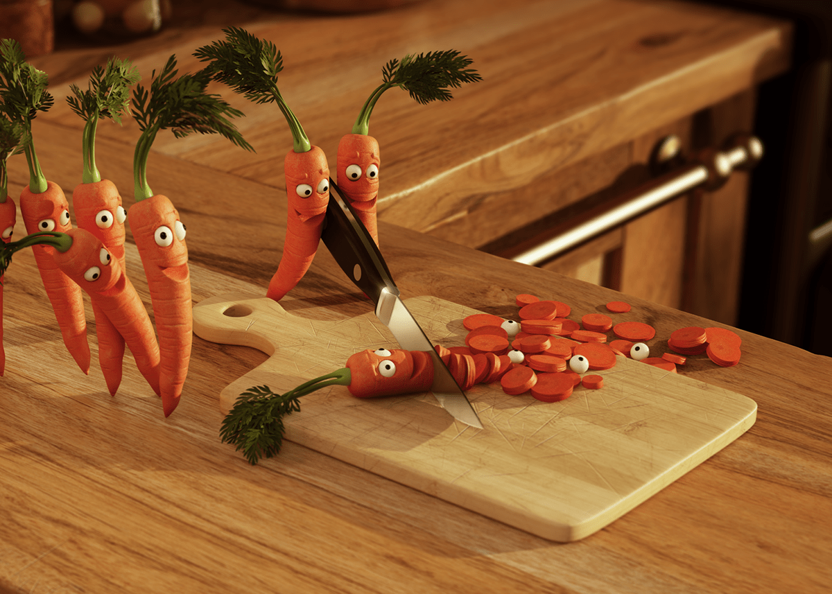 Adobe Portfolio Ristorante Cantina vegetables carrot Onion characters CGI humour Vegicide