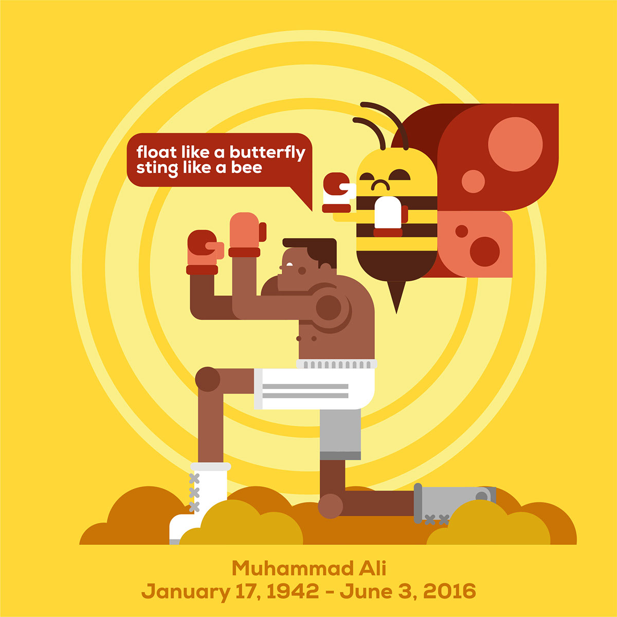 Muhammad muhammad ali ali bee butterfly Boxing Boxer legend flat design Flat Vector flat illustration febrian anugrah goodmorningnight