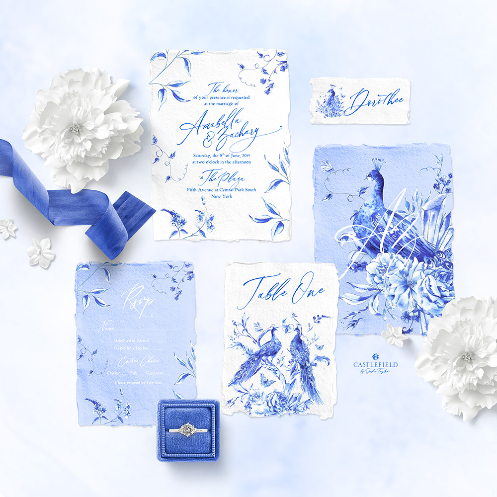 invitations event stationery Event Branding wedding invitations peacock Blue and White floral invitation peacock invitation luxury stationery wedding stationery