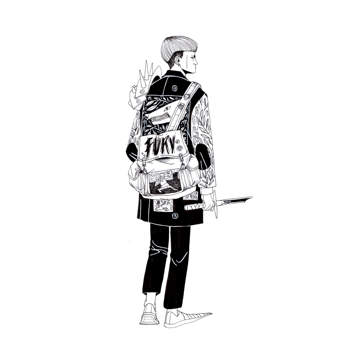 black and white Character Character design  darkart japan knight samurai