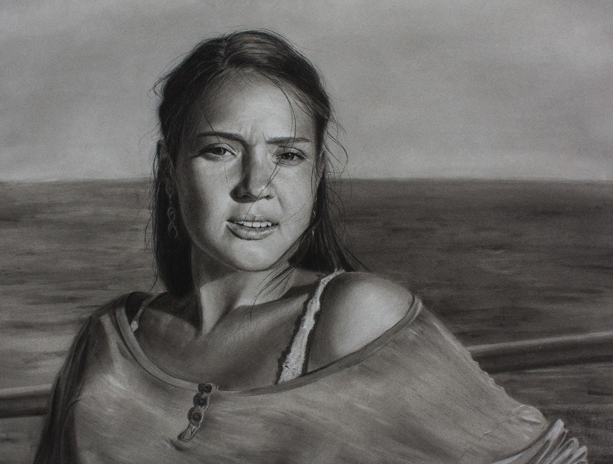 portrait Andrea Walker Illustration Drawing  pastel black and white realistic photorealism Ocean face light and shadow