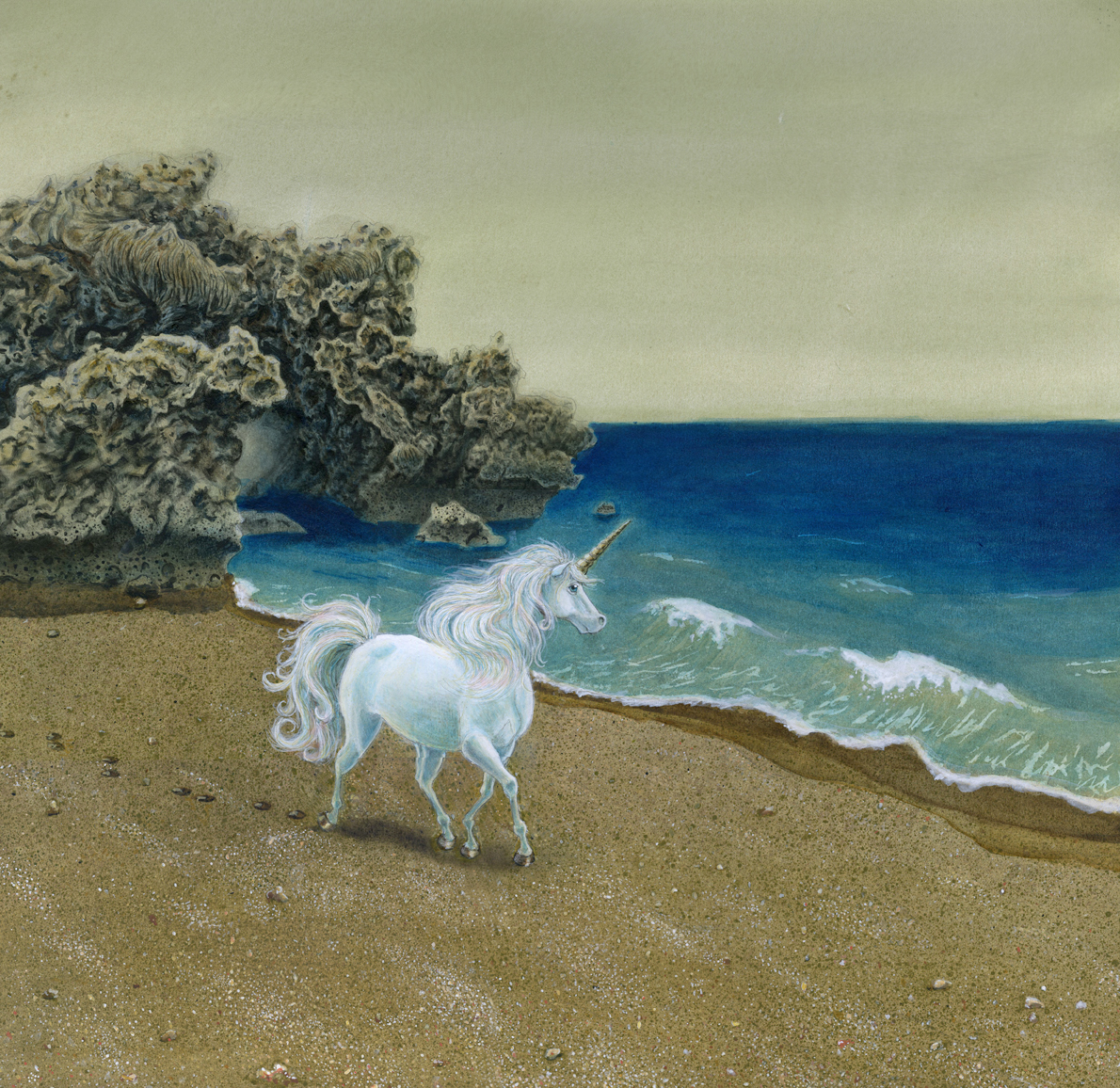 unicorn children's book serene beach traditional painting acrylic blue water Ocean the last unicorn