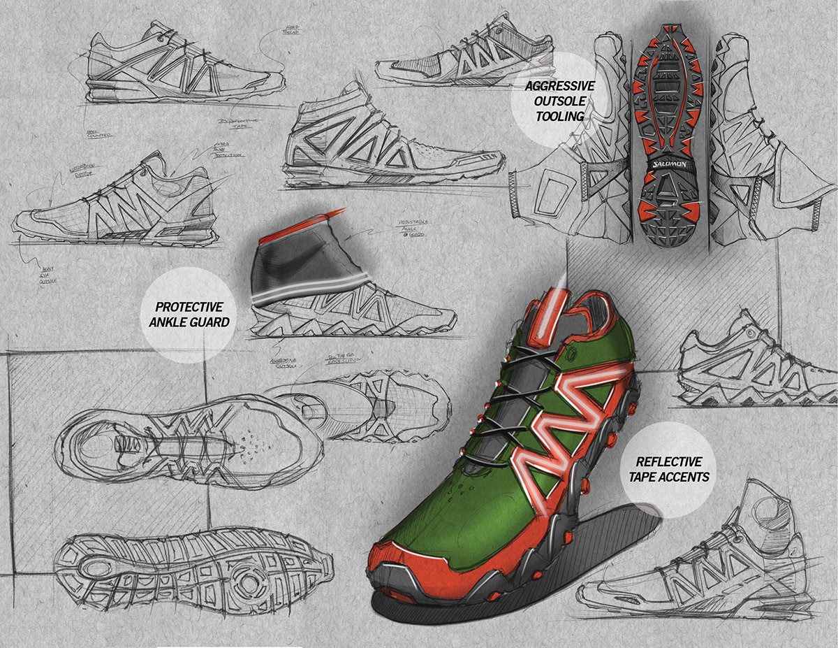 shoe footwear Salomon athletic zombie running trail sketching Render photoshop Illustrator adobe