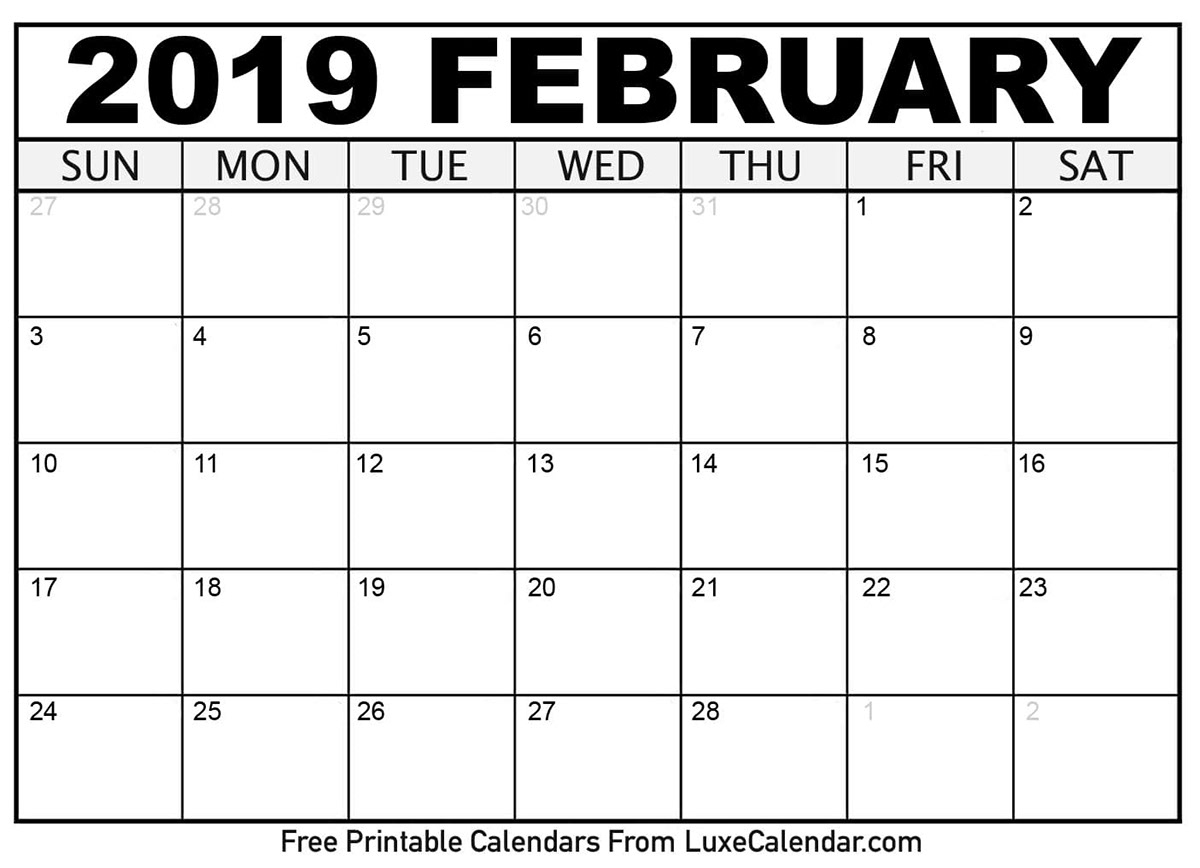 FEBRUARY 2019 PRINTABLE CALENDAR On Pantone Canvas Gallery