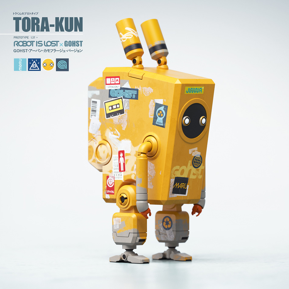 robot is lost TORA KUN yellow gohst version mecha art toy on grey background by Malcolm Tween