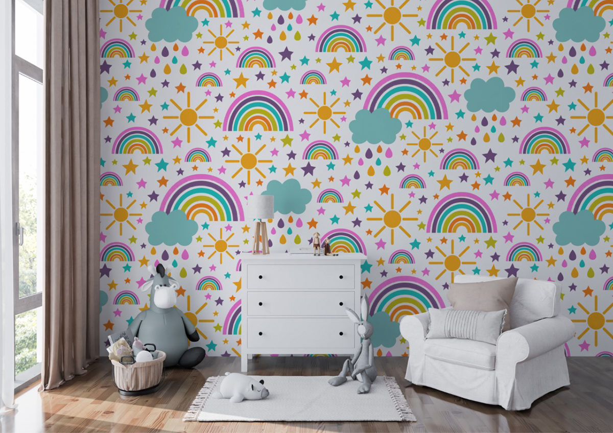 sunshine Repeat Pattern childrens wallpaperdesign textiledesign fabricdesign surfacedesign RAINBOWPATTERN rainbows Raindrops