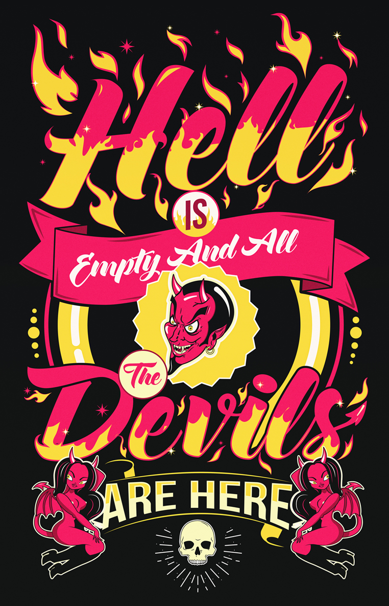 t-shirt wolf devil fire skull lettering Surf