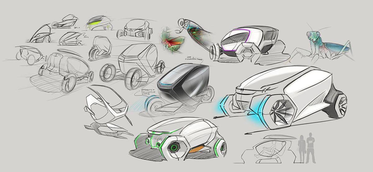 Honda car electric Electric Car city car Quick Sketches small car praying mantis bug insect sketching rendering Scooter