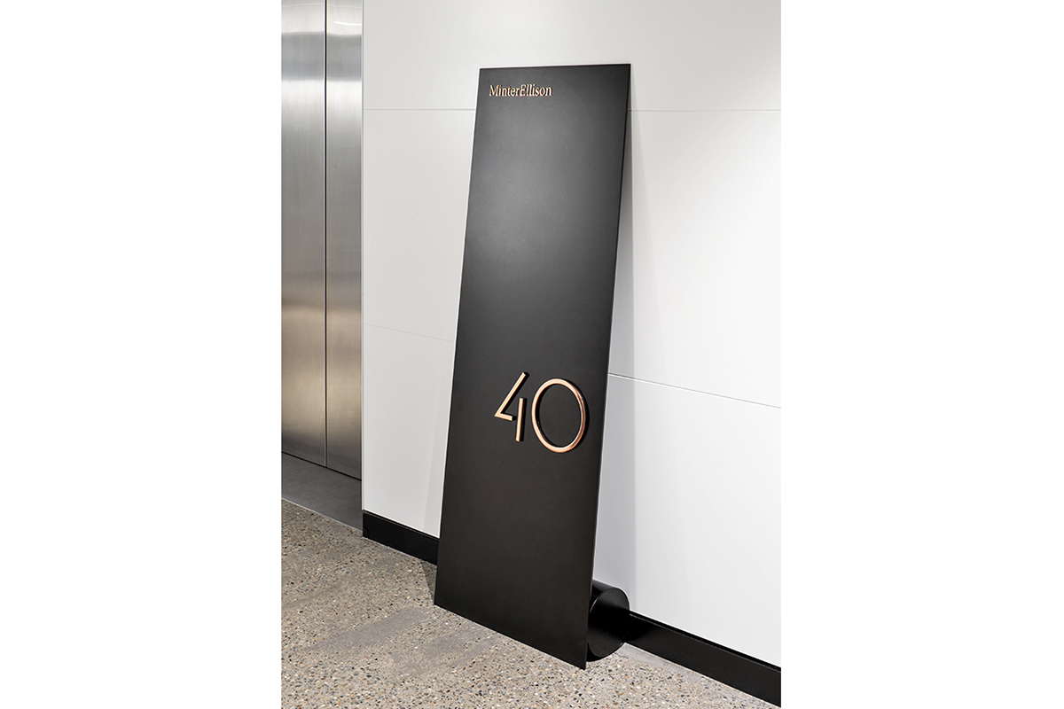 Minter Ellison lawyers law firm TIMBER steel Signage wayfinding wayshowing numbers custom typography premium Building Signage Level Numbers