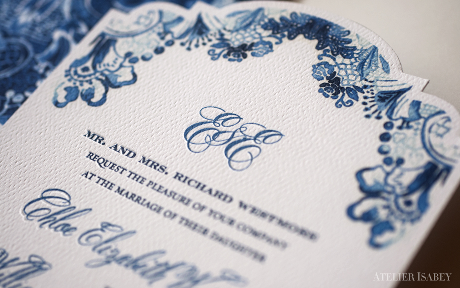 Painted watercolor blue White china chinese ceramic wedding Invitation baroque pattern
