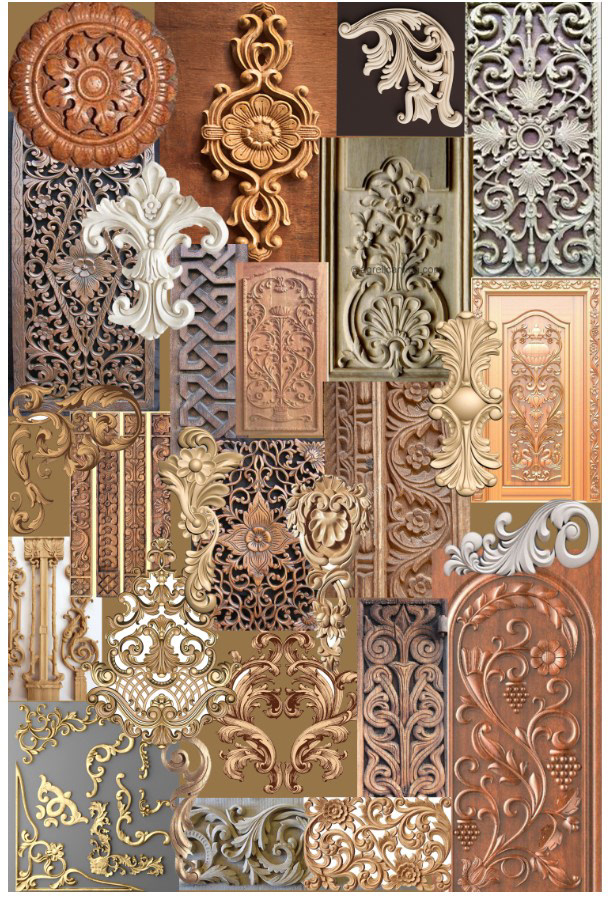 creative intricate print textile wood carvings