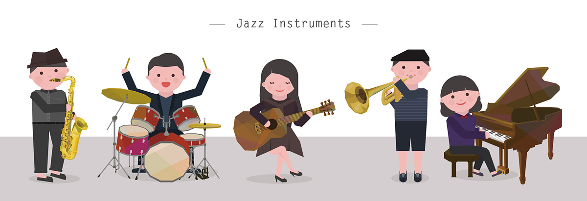 jazz instrument guitar saxophone drum trumpet Musical Character flat cute simple polygon
