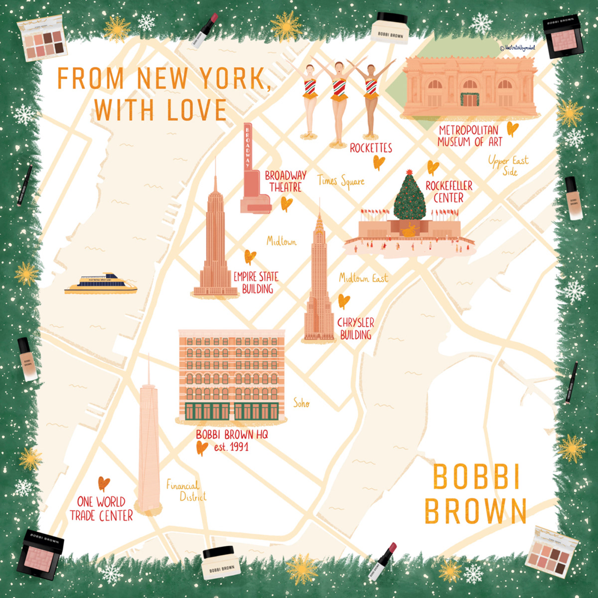 Illustrated map for Bobbi Brown Christmas campaign