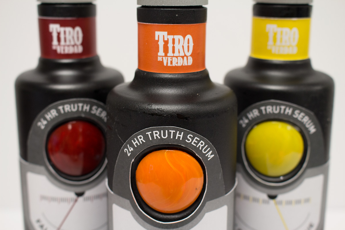 Tiro de Verdad kamon Tequila truth serum truth honest alcohol identity brand glass bottle crime criminal