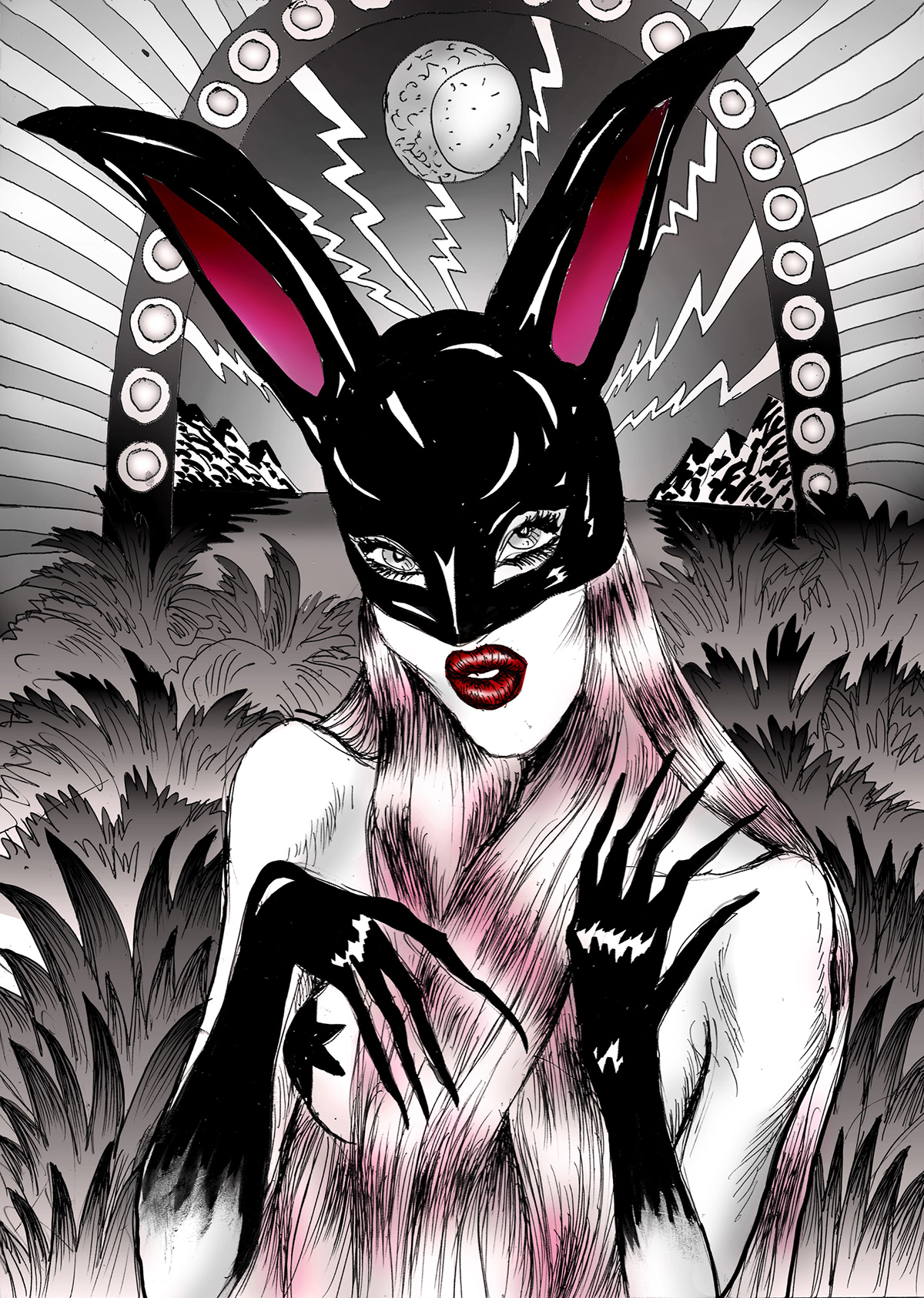woman rabbit hare ears playmate pvc latex fetish moon pink mountains sea Lightning Bolts agave surreal