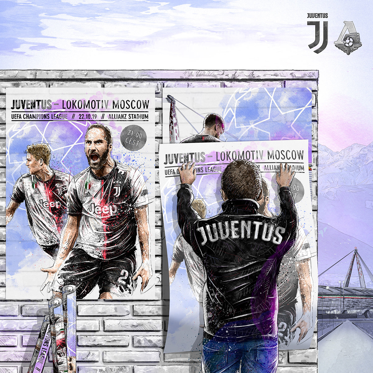 Dynamic sport/football illustration for Juventus vs Lokomotiv Moscow. Higuain, de ligt, stadium