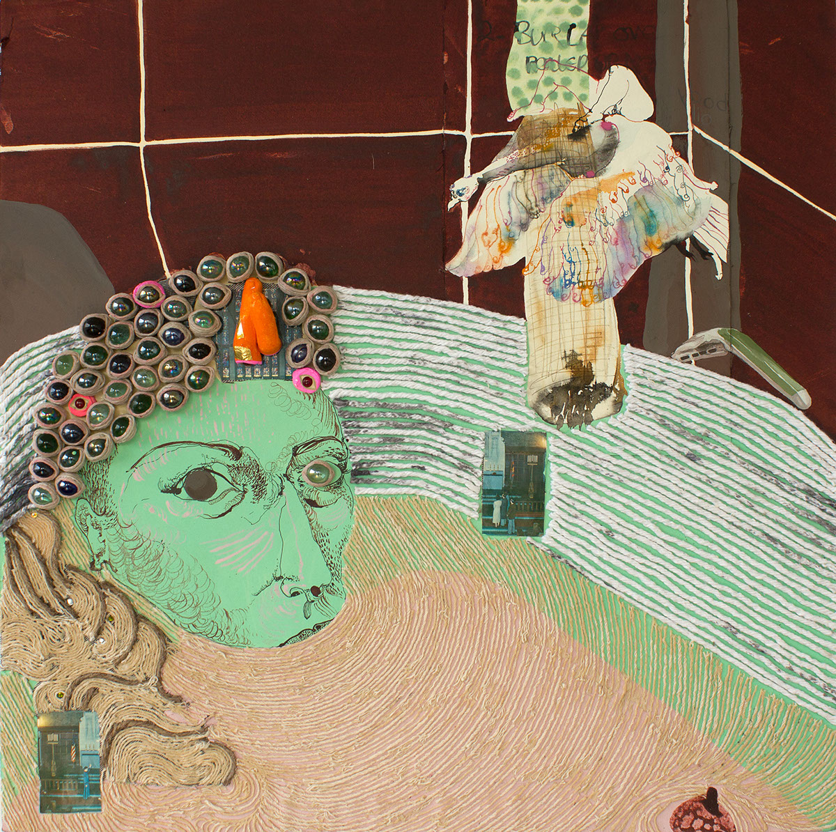 collage toilet bathtub self portrait gold leaf acrylic gouache rope water Centaur mythology figurative painting mixed media