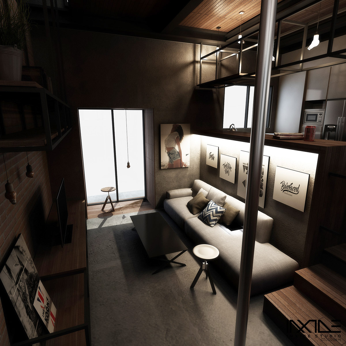 Interior design anwaraljufrey kotak haus 3D visual rendering concept rustic raw compact living freelancer house residential