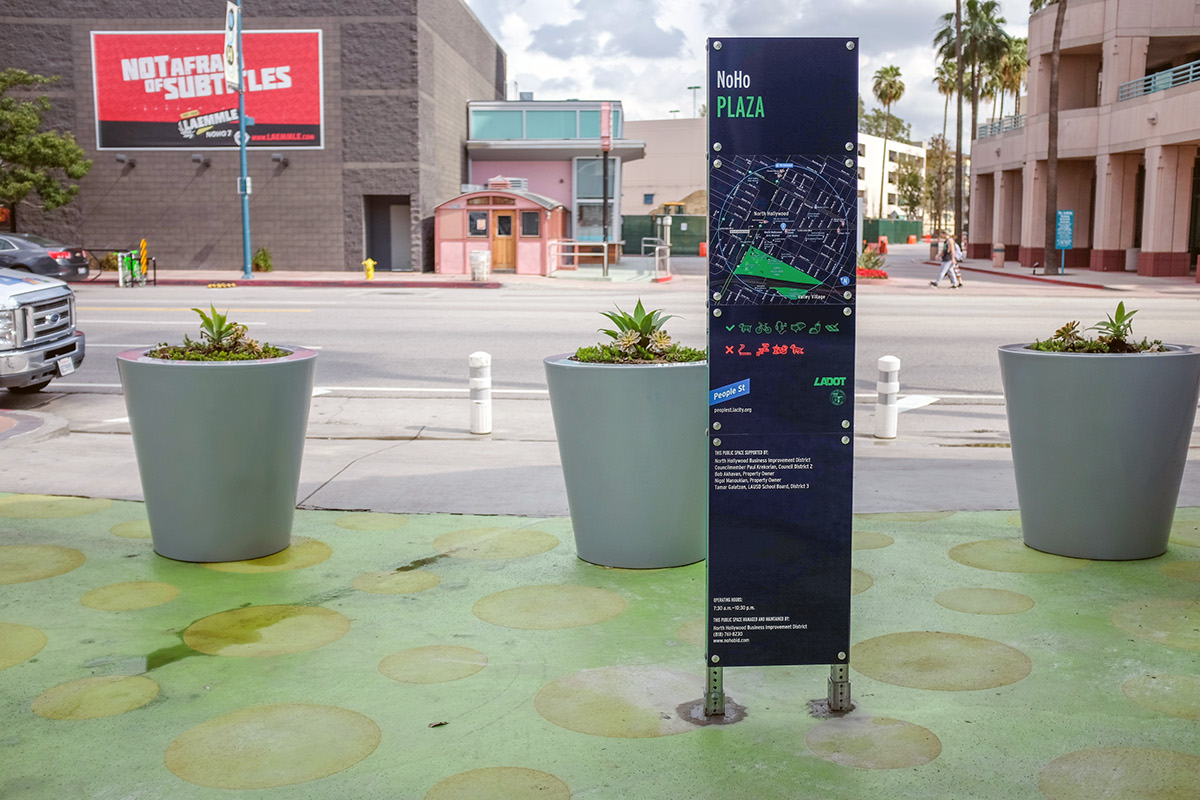 LADOT Parklet plaza street design environmental graphics Signage pedestrian