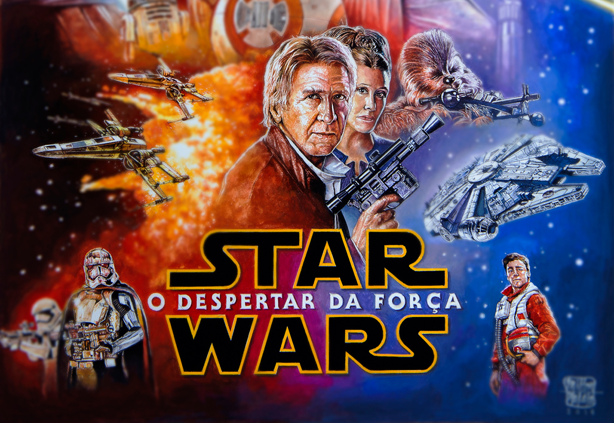 star wars milton nakata The Force Awakens gouache poster rey bb8 kylo ren Finn Han Solo Leia skywalker millenium falcon