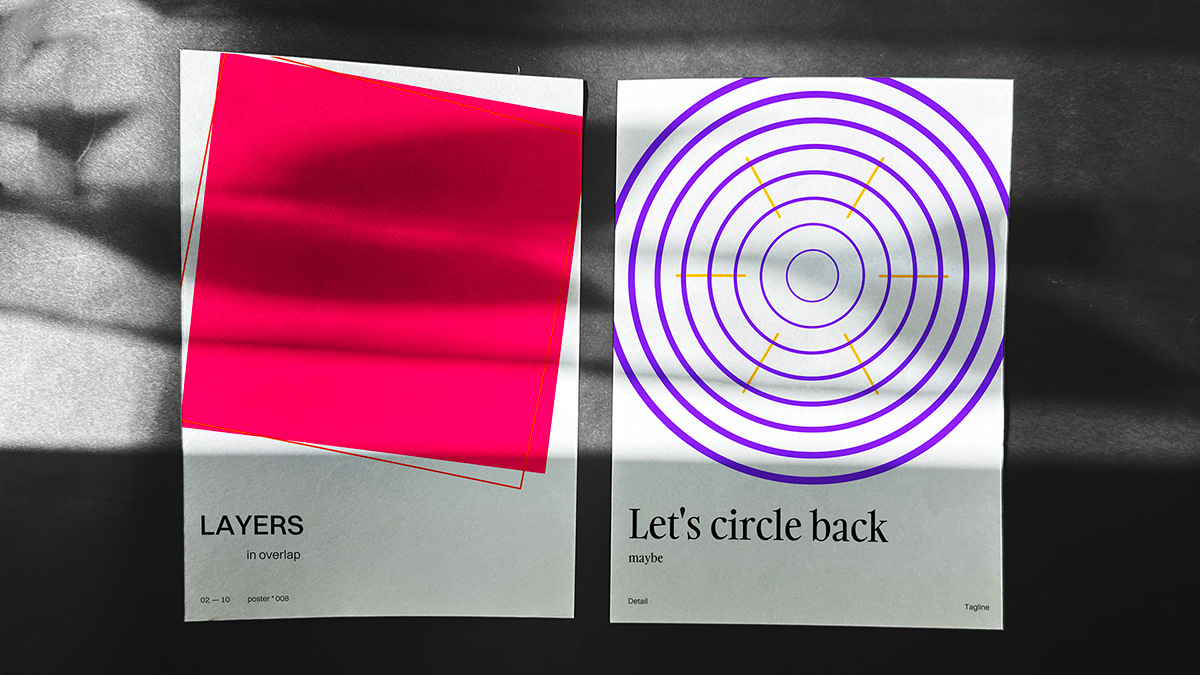 Posters on black background with geometric shapes and a minimal layout