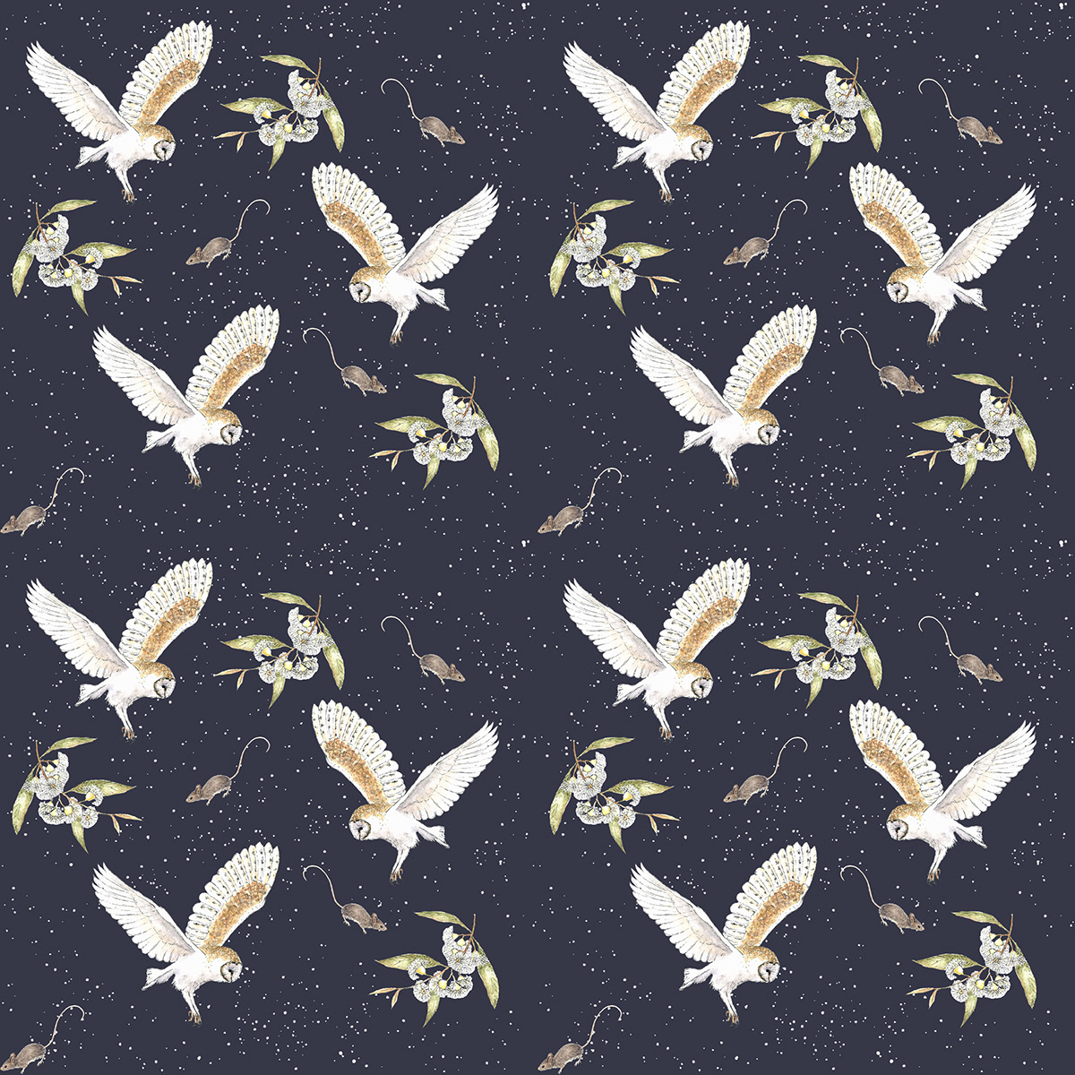 barn owl gumtree ILLUSTRATION  mouse owl pattern pattern design  photoshop procreate pattern watercolour