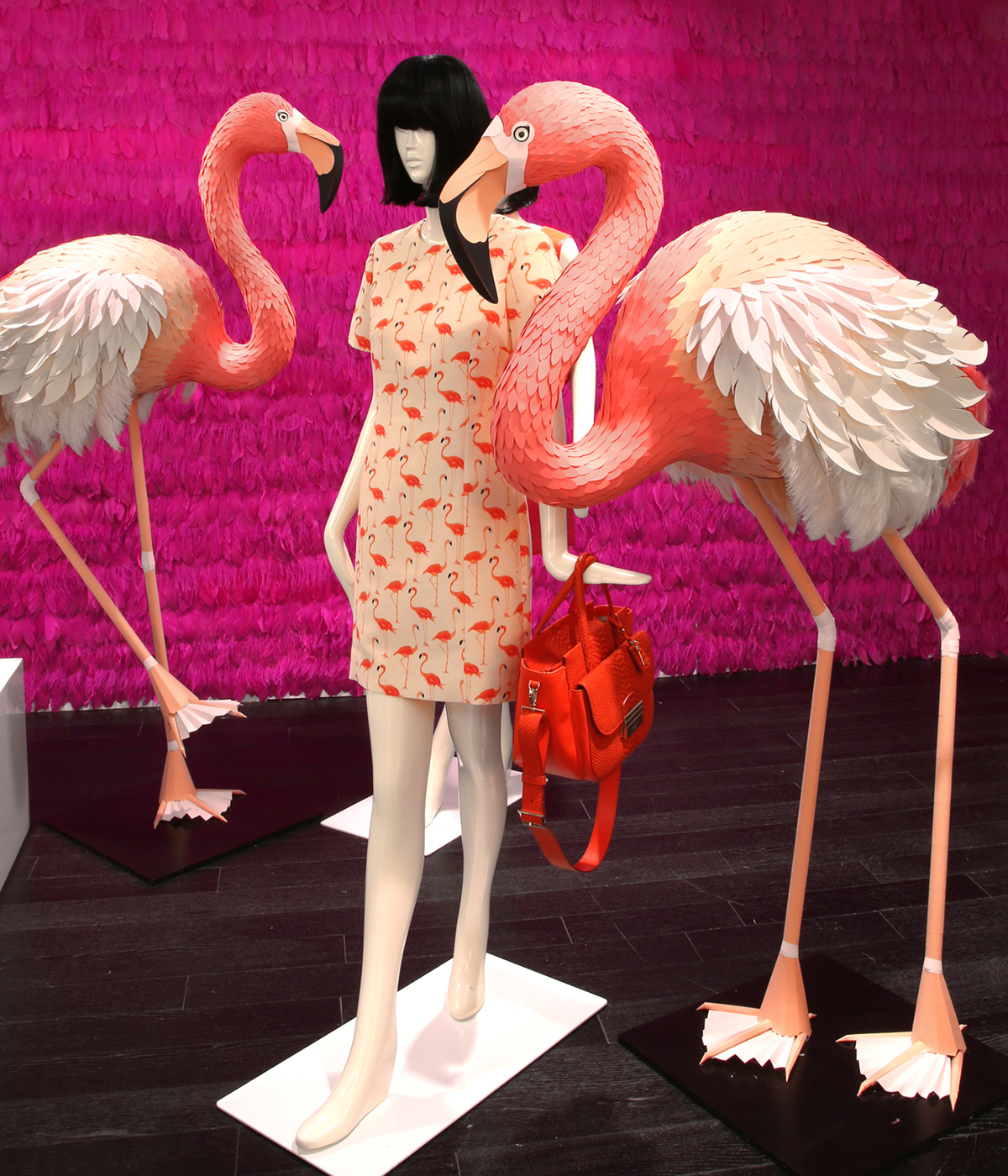 flamingo paper paper art showroom sculpture pink feathers Kate Spade New York